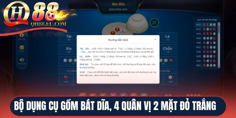Bộ dụng cụ gồm bát dĩa, 4 quân vị 2 mặt đỏ trắng 