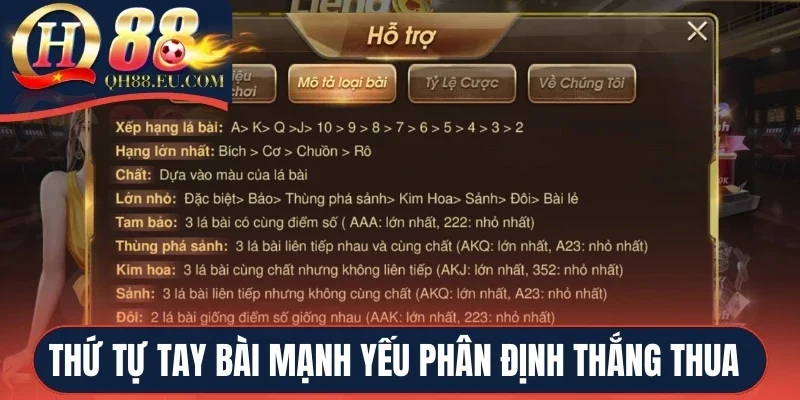 Thứ tự tay bài mạnh yếu phân định thắng thua
